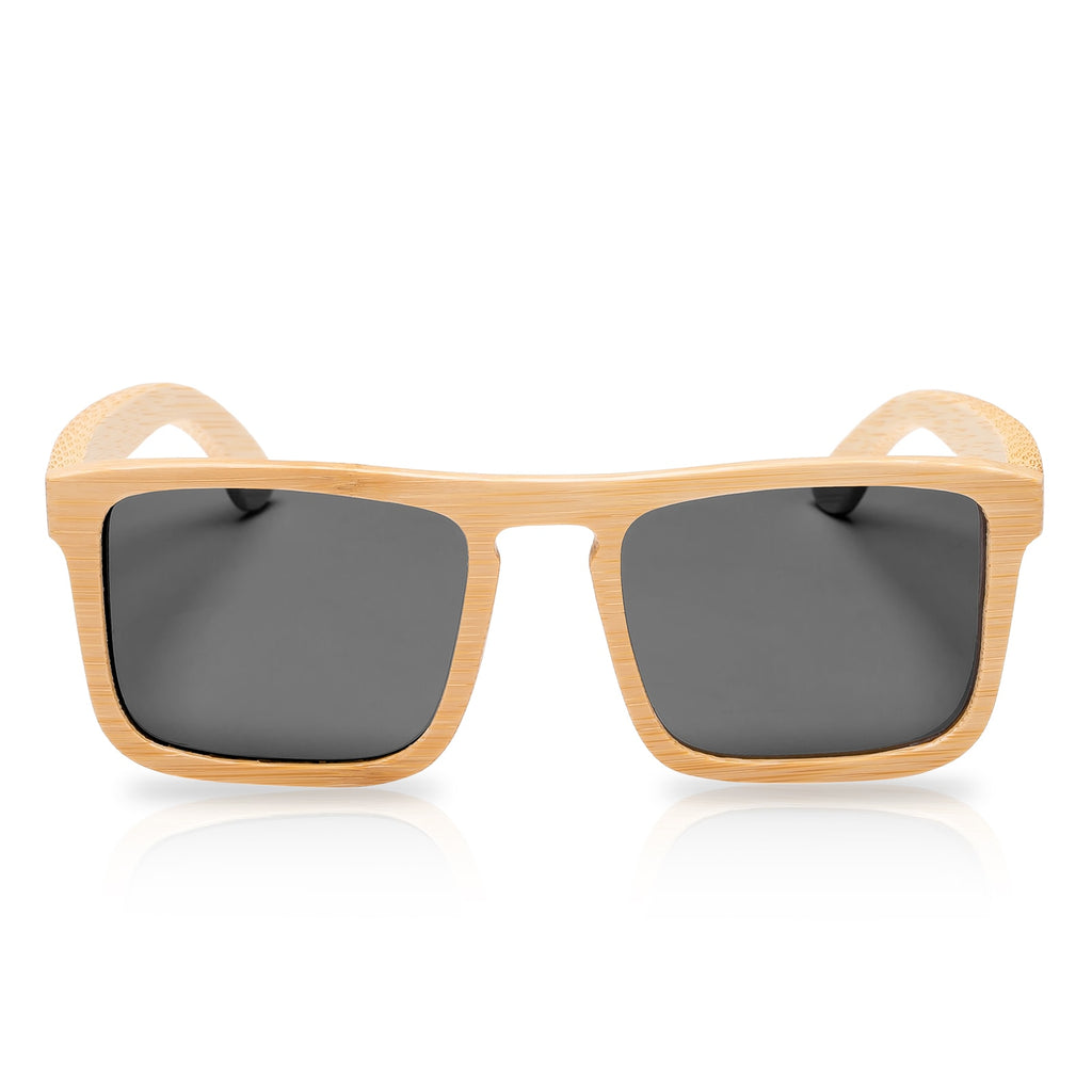 HTMS Bamboo Wood Sunglasses Men Polarized Square Wayfarer Sun glasses Vintage Driving Glasses (Grey Lens/Bamboo Frame)