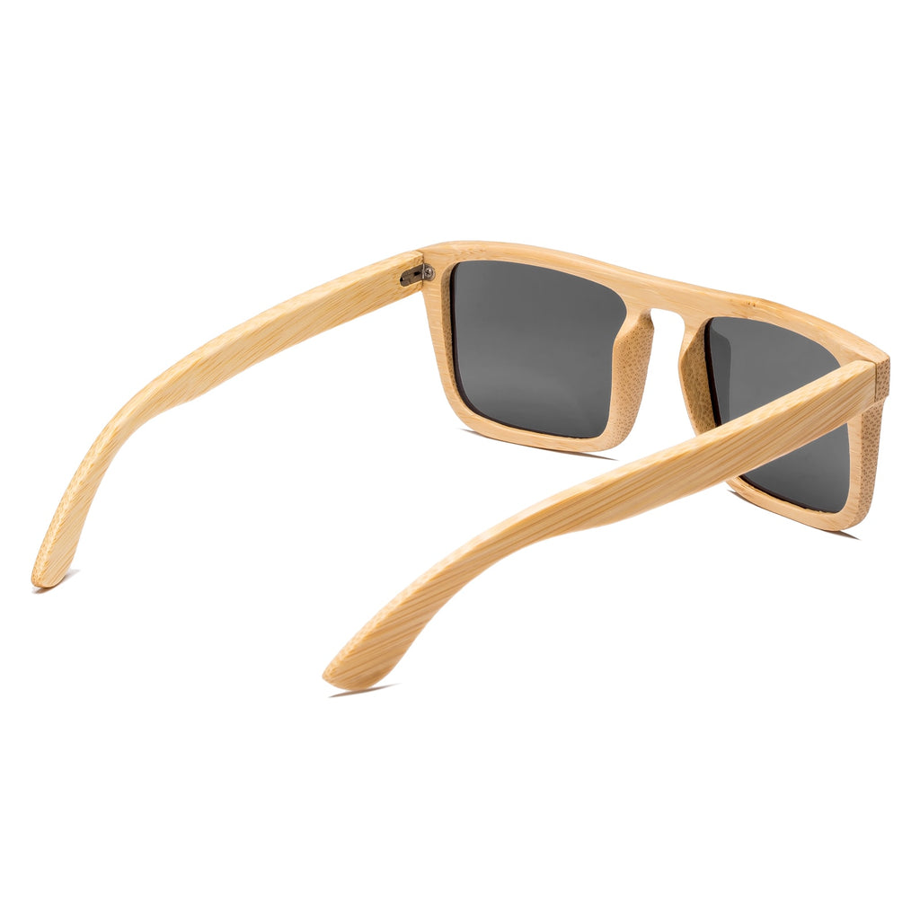 HTMS Bamboo Wood Sunglasses Men Polarized Square Wayfarer Sun glasses Vintage Driving Glasses (Grey Lens/Bamboo Frame)