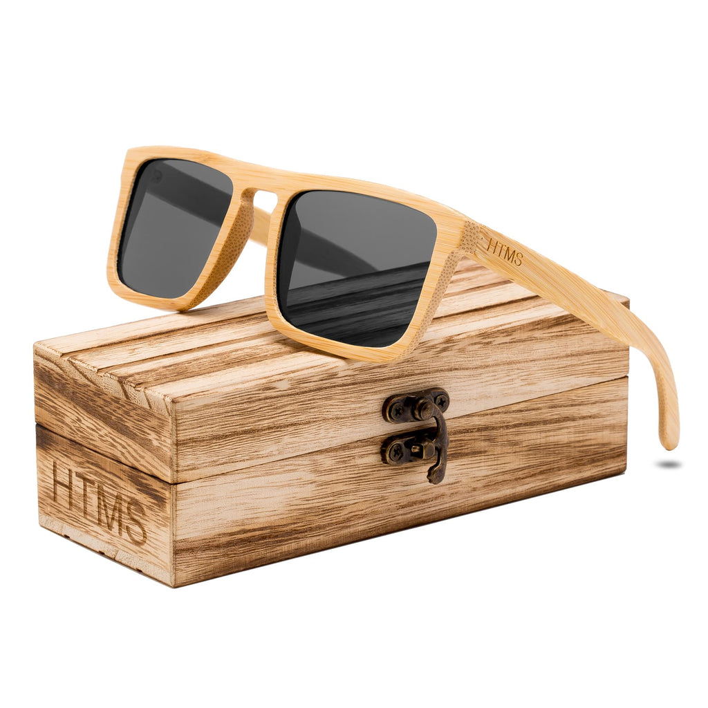 HTMS Bamboo Wood Sunglasses Men Polarized Square Wayfarer Sun glasses Vintage Driving Glasses (Grey Lens/Bamboo Frame)